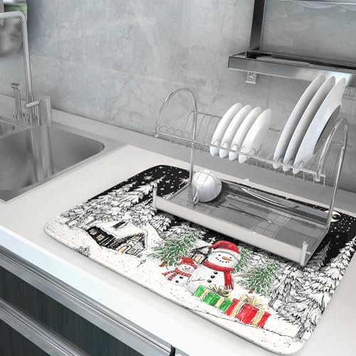 Winter Snowman Dish Drying Mat 24 X 18 in Black Microfiber Dish Pad Absorbent Holiday Kitchen Accessories (Winter Snowman Black / 24" x 18")