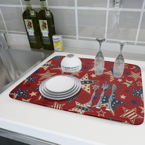 4th of July Dish Drying Mat for Kitchen Counter Patriotic Red Absorbent Dishes Dryer Pad 18 x 24 in (Patriotic Stars Red / 24" x 18")