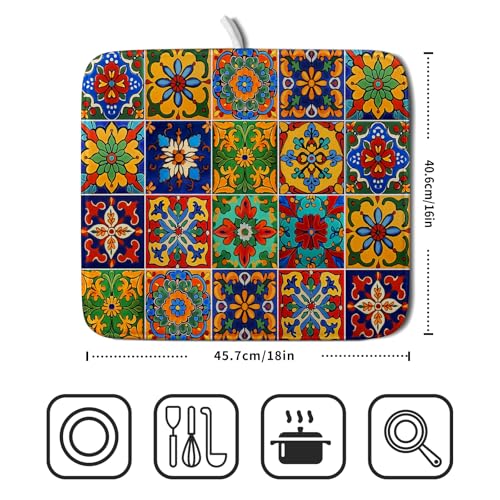 Mexican Tiles Dish Drying Mat for Kitchen Counter Absorbent Microfiber Dish Drying Pad Kitchen Gadgets Multi (Mexican Tiles Blue / 18" x 16")