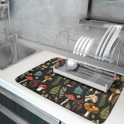 Natural Botanical Dish Drying Mat Mushroom Fern Leaves Berry Drainer Mat Black Drying Pad for Countertop 18 X 24 Inch (Mushroom - Black / 24" x 18")