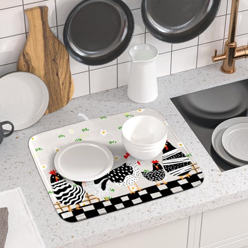 Black Rooster Dish Drying Mat for Countertop 16x18 Inches Buffalo Plaid Microfiber Drainer Rack Pads Fast Dry Dishes Mats Kitchen Accessories (Black Rooster / 16" x 18")