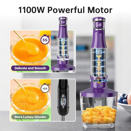 Immersion Blender Handheld 5 in 1 Hand Blender Set 1100W Heavy Duty (Purple / 5 in 1)