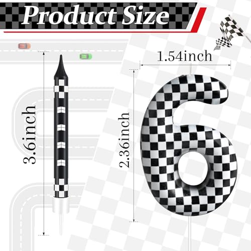13 Pcs Racing Cars Themed Birthday Candles 12 Black and White Race Number 6 Checkered Candle Cake Topper for Racing Car Party Decoration Supplies (13 Count)