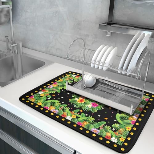 Tropical Flamingo Dish Drying Mat Palm Leaves Absorbent Dishes Drainer Pad Microfiber Dish Rack Mat for Kitchen Countertop Decor 18x24 Inch (Flamingo Leaves / 24" x 24")