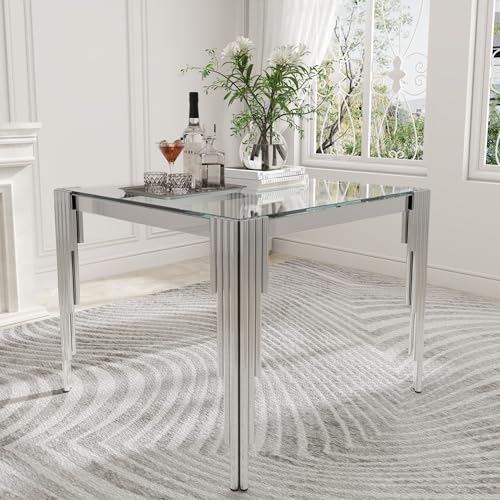 35'' Modern Square Glass Dining Table for 4 People (Silver-clear / Square-35.43" L x 35.43" W x 29.53" H)