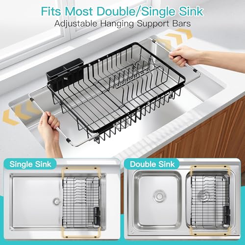 Black Dish Drying Rack Over the Sink with Utensil Holder (Black / For 12.5"-30"w Sink, Expandable)