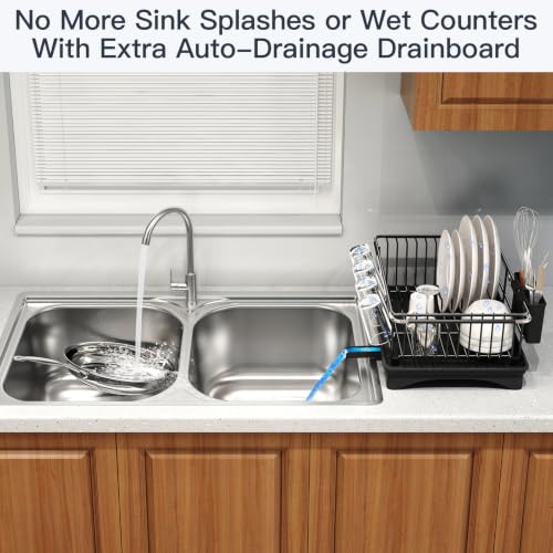 Expandable Dish Drying Rack Over Sink with Extra Drainboard (Black / For 11.5"-16" W Sink with Cup Holder & Drainboard)