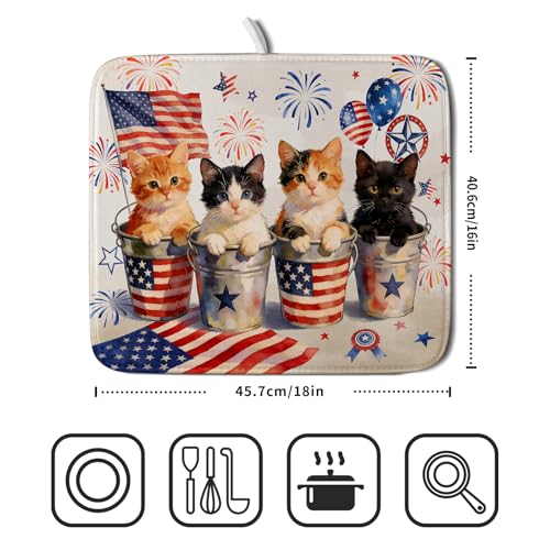Happy 4th of July Patriotic Dish Drying Mat 16 x 18 In Independence Day Vintage Kitchen Drying Mat (Patriotic Cat White / 18" x 16")