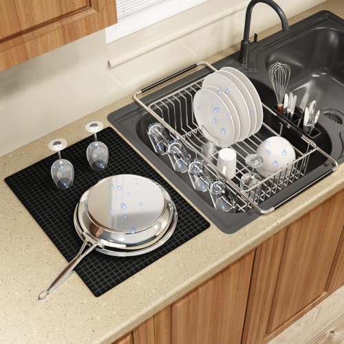 Expandable Dish Drying Rack Over Sink with Extra Drying Mat (Silver / For 11.5"-16" W Sink with Cup Holder & Mat)