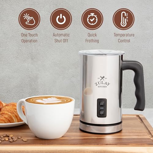 Zulay 4-in-1 Milk Frother & Steamer – Hot & Cold Foam Maker, Milk Warmer & Chocolate Stir – Automatic Temp Control, Nonstick Double-Wall Stainless Steel Jug, Auto Shut Off, 360° Base – Aero Silver (Iron Silver / Frother Steamer)