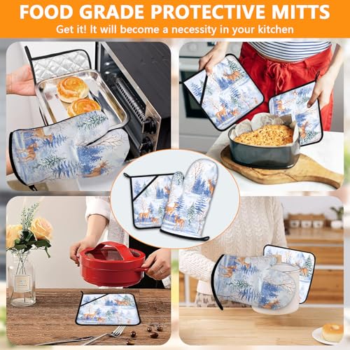 Deer in Snow Oven Mitts and Pot Holders Sets 4Pcs (Deers)