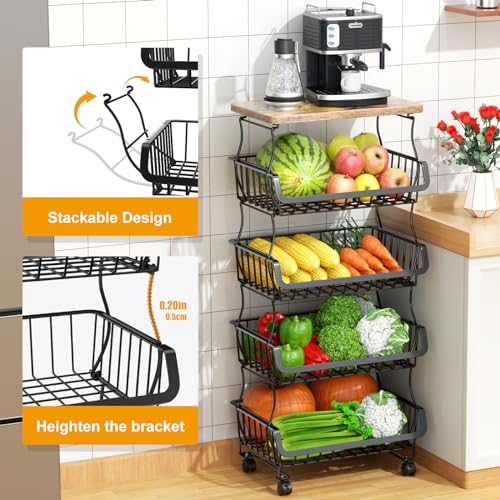 5 Tier Fruit and Vegetable Basket for Kitchen with Wheels (5 Tier / Black With Wooden Top)