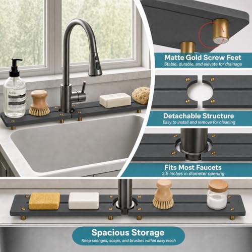 2PCS Stone Faucet Mat for Kitchen Sink (24"x 4" - Dark Gray - Gold)