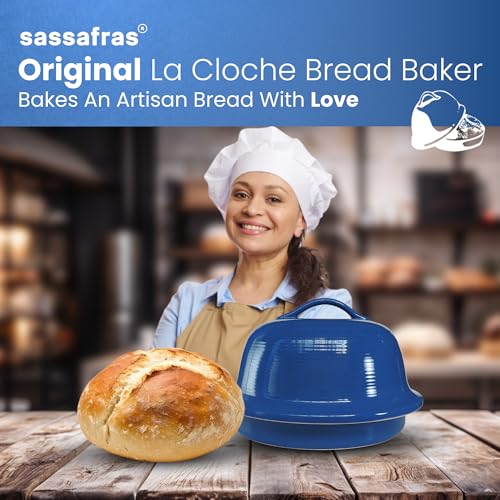 Superstone® Stoneware La Cloche® Bread Baker with Blue Glazed Exterior and Unglazed Interior Bakes an Artisan Bread with Crusty Crust and a Light Crumb (Blue)