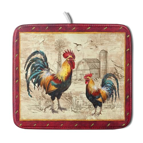Farm Rooster Dish Drying Mat for Countertop 16x18 Inches Red Rustic Chicken Absorbent Microfiber Dry Dishes Pads Kitchen Counter Accessories (Red Rooster / 16" x 18")