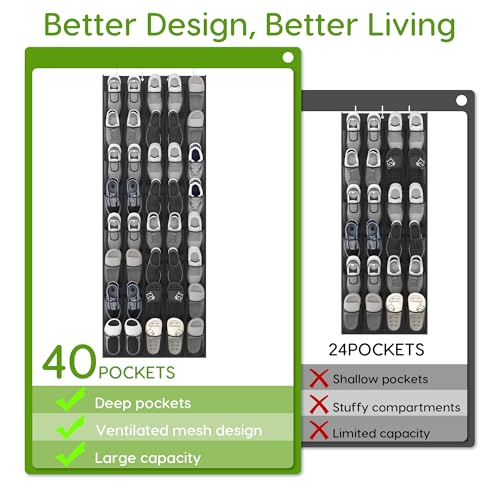 Over the Door Shoe Organizer with 40 Large Breathable Mesh Pockets (Black / 40 Pockets)