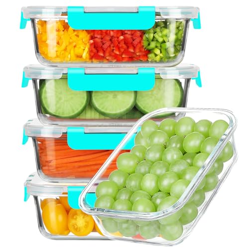5 Pack 35 Oz Glass Food Storage Containers with Lids (Green / 35oz 1-compartment)
