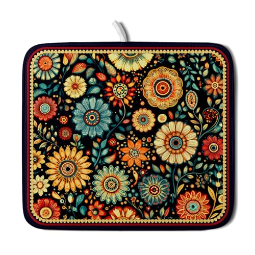 Bohemian Style Flowers Drying Pad Boho Floral Dish Drying Mat for Kitchen Counter Absorbent Microfiber Drainer Rack Mat (Boho Floral Black / 18" x 16")