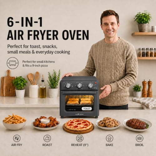 6-in-1 Retro Air Fryer Toaster Oven Combo, Compact 12.7 QT Small Countertop Convection Oven, Fits 9" Pizza & 4 Toast, Hexagon Hybrid Heating, Enamel Baking Pan Included, Dark Grey Color (12.7-QT Dark Grey Color)