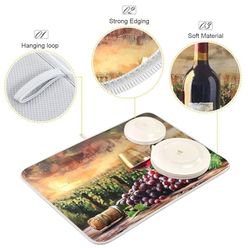 Grapes Wine Glass Bottle Dish Drying Mat for Kitchen Counter Absorbent Microfiber Drying Pad (16" x 16")