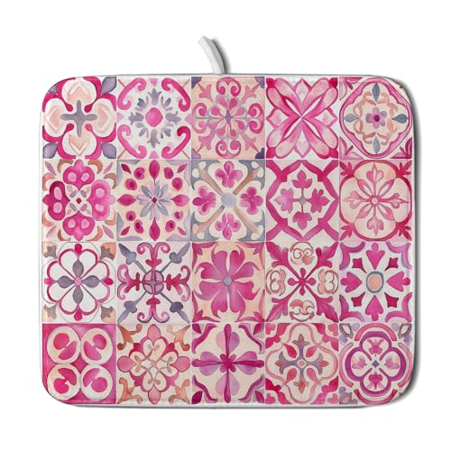 Pink Mexican Tiles Dish Drying Mat Absorbent Microfiber Dish Drying Pad for Kitchen Multi (Mexican Tiles Pink / 18" x 16")