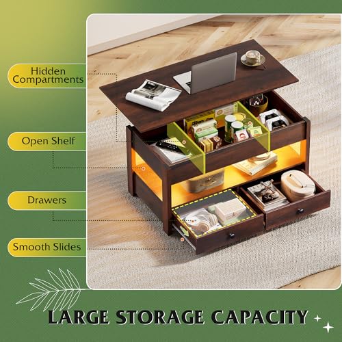 Lift Top Coffee Table with 2 Drawers Storage (Espresso+led / 39" With LED)