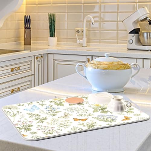 Herbs Flowers Botanical Butterfly Dish Drying Mat for Kitchen Counter Absorbent Microfiber Drying Pad (16" x 18")