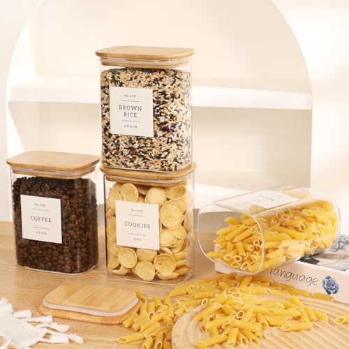 4 Pack Square Glass Pantry Storage Containers with 132 Kitchen Food Pantry Labels