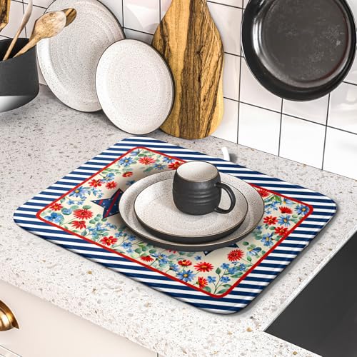 Patriotic Dish Drying Mat for Kitchen Counter Small（American Flag） (Patriotic Stars Blue / 18" x 16")