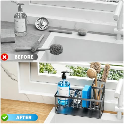 Sink Caddy Sponge Holder for Kitchen with Brush Holder and Stainless Steel Self Drain Tray (9.25'' / Black)