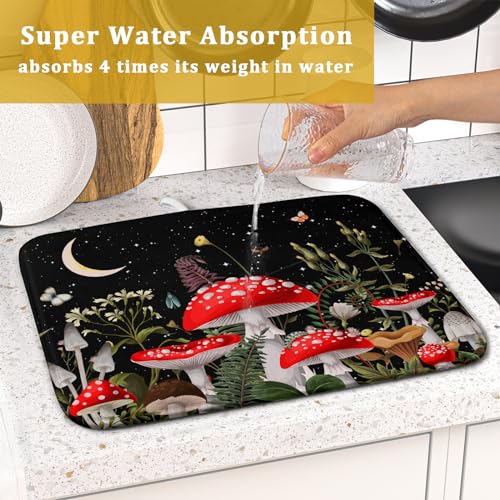 Red Mushroom Dish Drying Mat for Kitchen Counter Plant Leaves Drainer Mats Rack Holder Countertop Absorbent Microfiber Coffee Pads 16x18 Inch (Red Mushroom / 16" x 18")