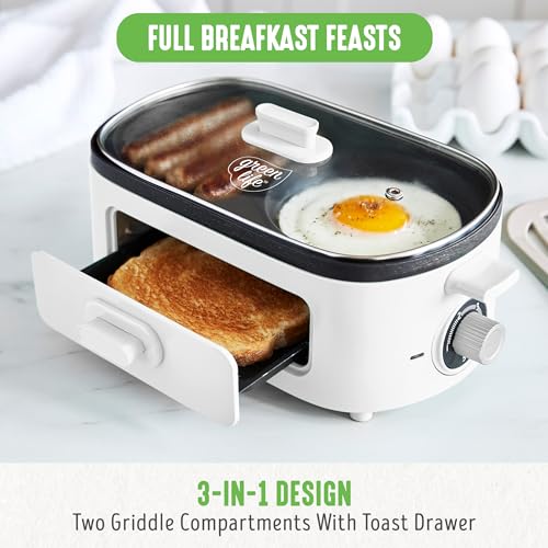 3-in-1 Breakfast Maker Station, Healthy Ceramic Nonstick Dual Griddles for Eggs Meat Sausage Bacon Pancakes and Breakfast Sandwiches, 2 Slice Toast Drawer, Easy-to-use Timer, White (White / 11" Breakfast Maker / Breakfast Maker)