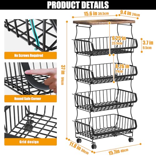 5 Tier Fruit and Vegetable Basket for Kitchen with Wheels (5 Tier / Black With Wooden Top)