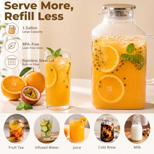 1 Gallon Glass Pitcher Thickened Square Striped Borosilicate Glass (135.3 Ounces)
