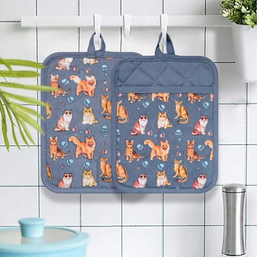 Pot Holders Set of 2 (Cat, Blue Potholders)