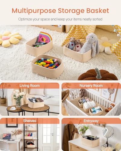 Small Woven Storage Basket for Organizing (Beige / 12"L x 8"W x 4.5"H)