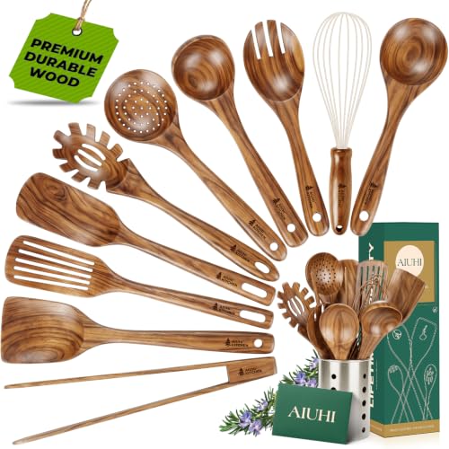 11 Piece Natural Teak Wood Kitchen Utensil Set with Holder (11 Count)