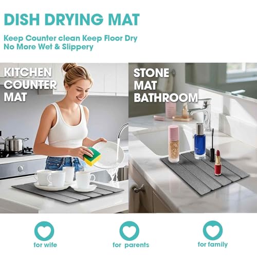 Dish Drying Mat Stone Bath Mat Diatomaceous Earth Stone Drying Mat For Kitchen Counter Sink Bath Mat Quick Dry Non Slip Foldable Dish Drying Rack Mat Small (16" x 12")