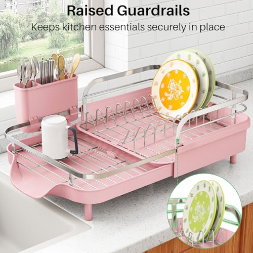 Expandable Dish Drying Rack for Small Kitchen Counter (Pink)