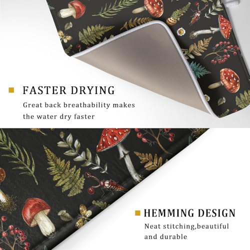 Natural Botanical Dish Drying Mat Mushroom Fern Leaves Berry Drainer Mat Black Drying Pad for Countertop 18 X 24 Inch (Mushroom - Black / 24" x 18")