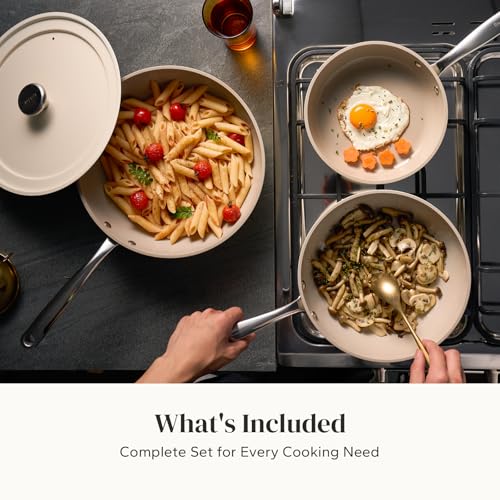 Ceramic Non Stick Frying Pans Set Nonstick Skillets 8 (Beige / 8/9.5/11" with Lid)