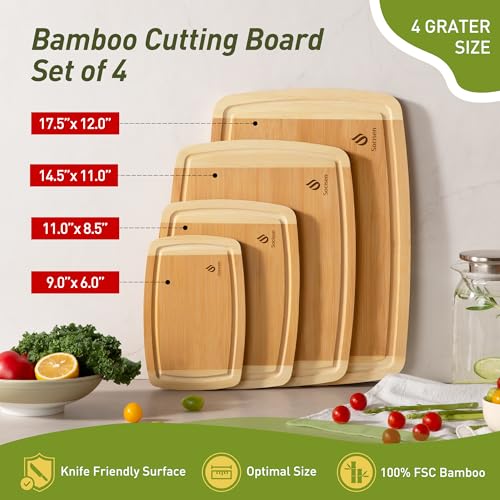 Bamboo Cutting Board Set Non Slip Feet Over Sink Men Husband Birthday Christmas Xmas Valentines Father Day Gifts Ideal from Wife Romantic Anniversary Best Cool Gadget Awesome Who Have Everything (4-Piece / Two-Tone Bamboo)