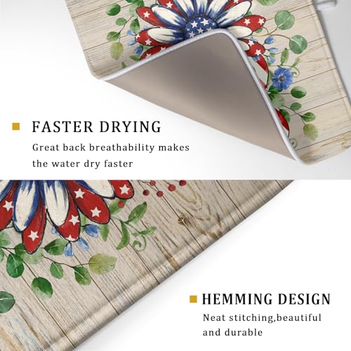 Independence Day Dish Drying Mat 18x24 inch Patriotic Love Heart Fast Dry Microfiber Dishes Drainer Rack Pad Kitchen Counter Accessories (Patriotic Floral Heart / 18" x 18")