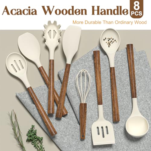 Non Stick Silicone Kitchen Utensils Set with Natural Acacia Hard Wood Handle (White)