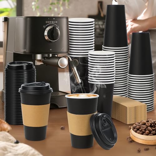 500 Pack 16 oz Disposable Coffee Cups With Lids and Sleeves (Black / 16oz-500Pack)
