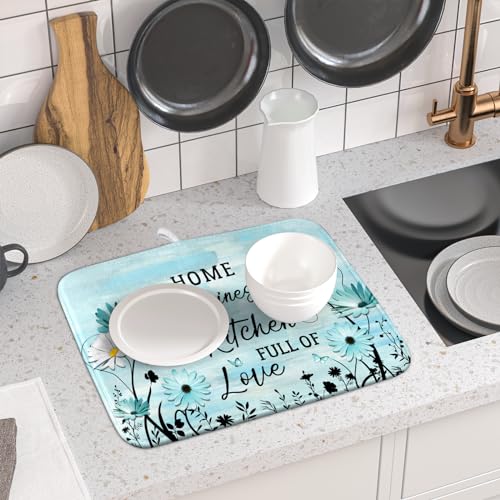 Blue Daisy Dish Drying Mat 16x18 Inch Love Kitchen Absorbent Microfiber Washable Fast Drying Pad Dishes Rack Mat for Kitchen Counter (home happiness blue / 16" x 18")