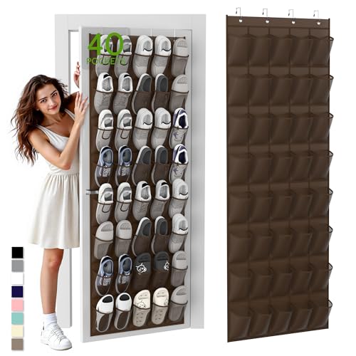Over the Door Shoe Organizer with 40 Large Breathable Mesh Pockets (Brown / 40 Pockets)