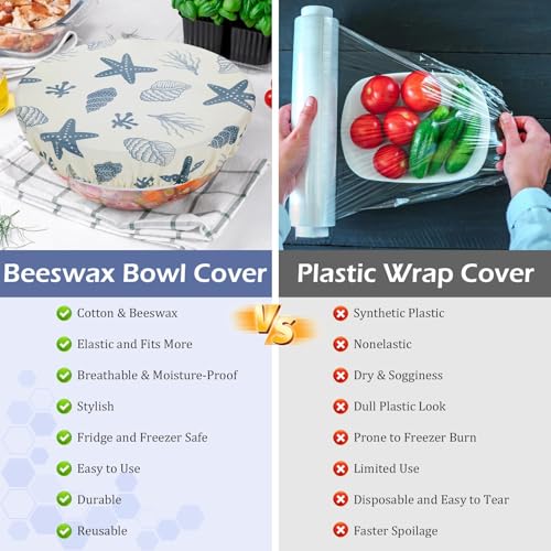 5Pcs Reusable Beeswax Elastic Bowl Covers for Bread Proofing and Food Cover (Ocean Series)