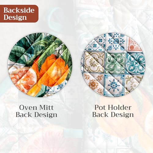 100% Cotton Oven Mitt & Pot Holder Set (010 - Agrume / 7.5" x 13" & 8" x 8" (Oven Mitt & Pot Holder))