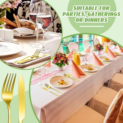 50 Pieces Stainless Steel Forks Silverware Set Dinner Forks and Knives Flatware Tableware Cutlery Set for Kitchen Restaurant (7.1 x 1 Inch, 8.4 x 0.7 Inch / Gold)
